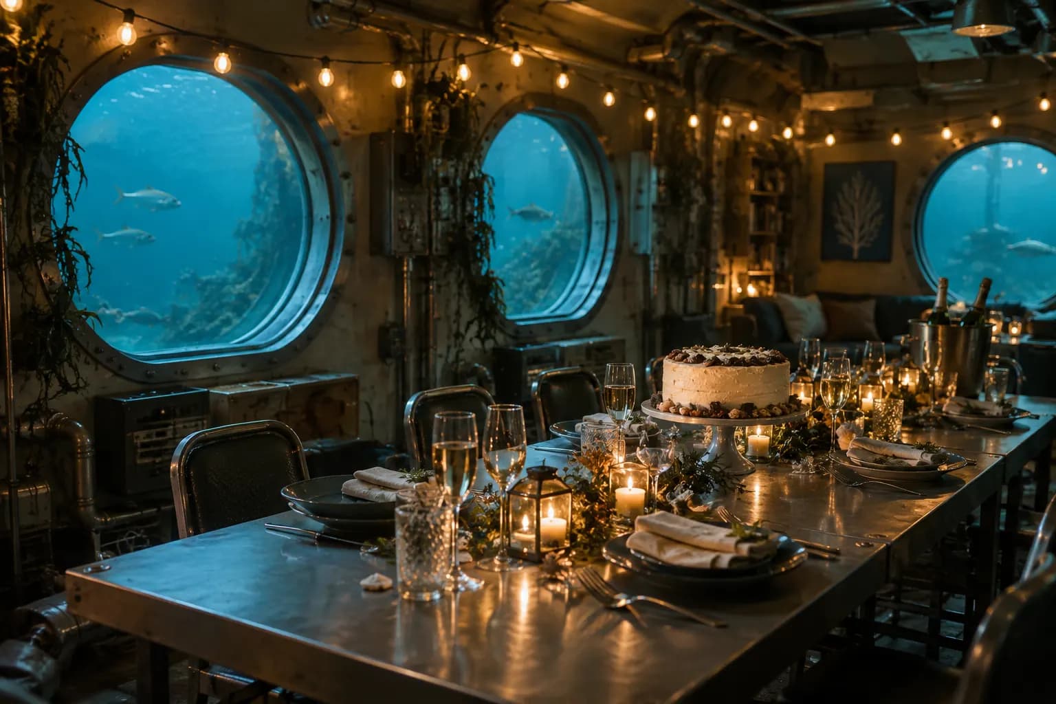 Illustration d’ambiance : une table de fête dans le salon d’une station sous-marine