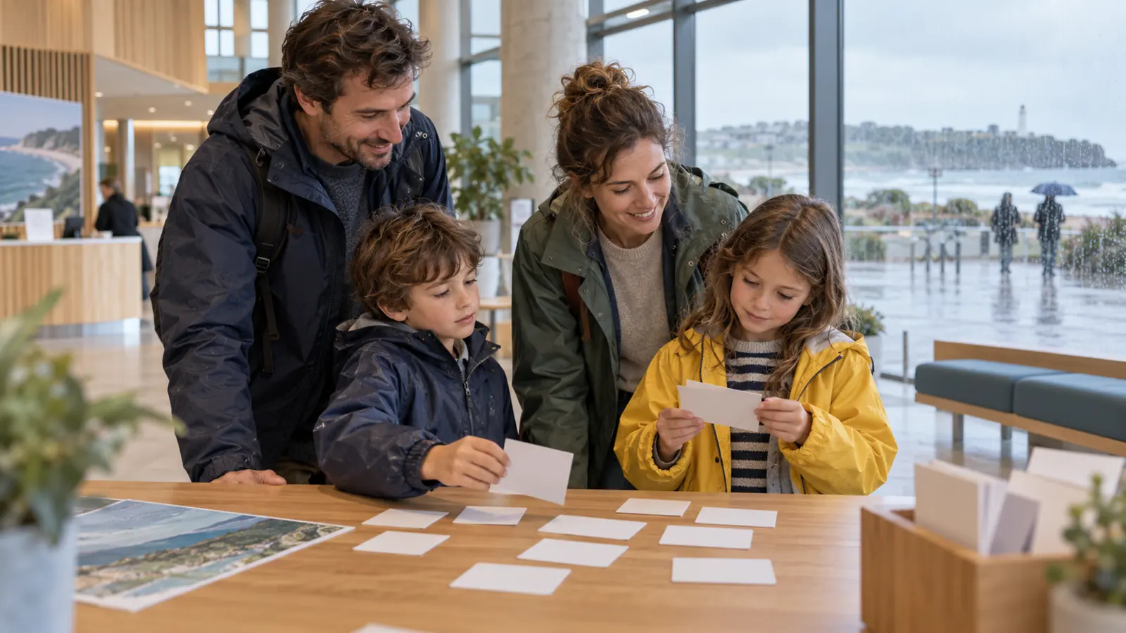 Famille choisissant une activité couverte à Anglet un jour de pluie