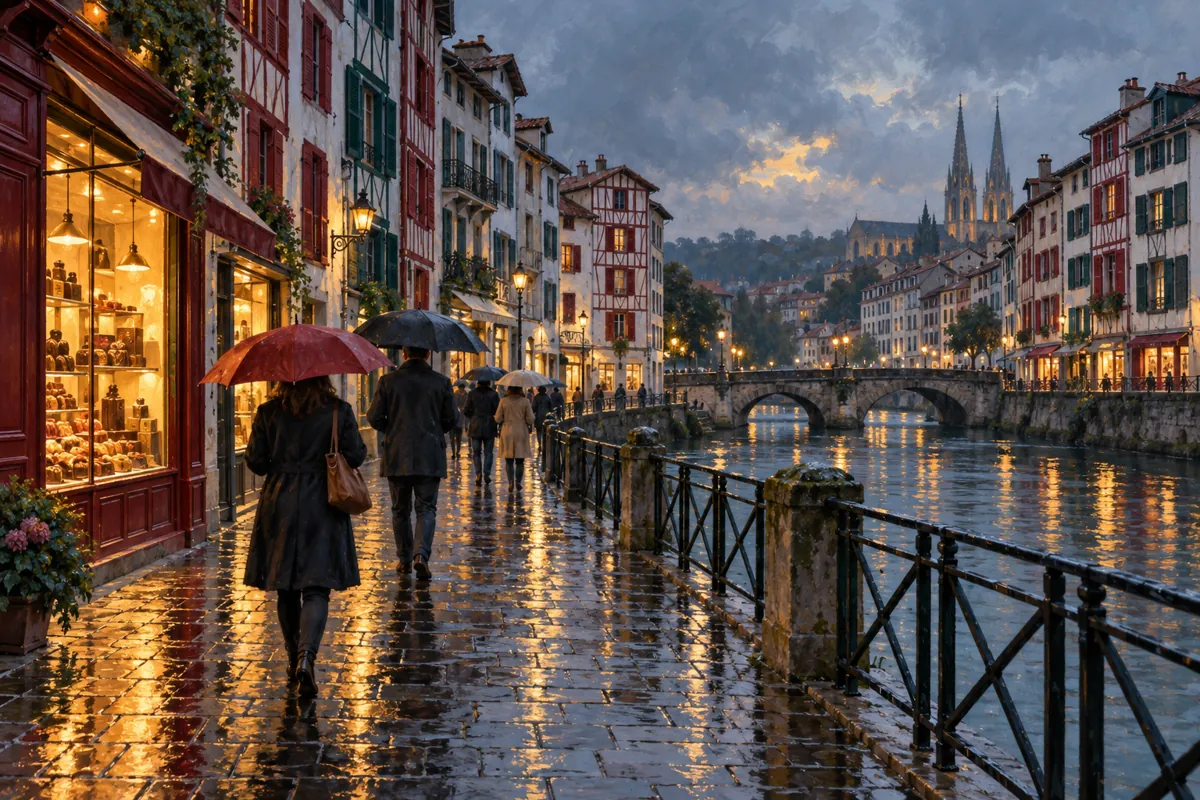 Illustration : les quais de la Nive à Bayonne sous la pluie, maisons à colombages et vitrine éclairée