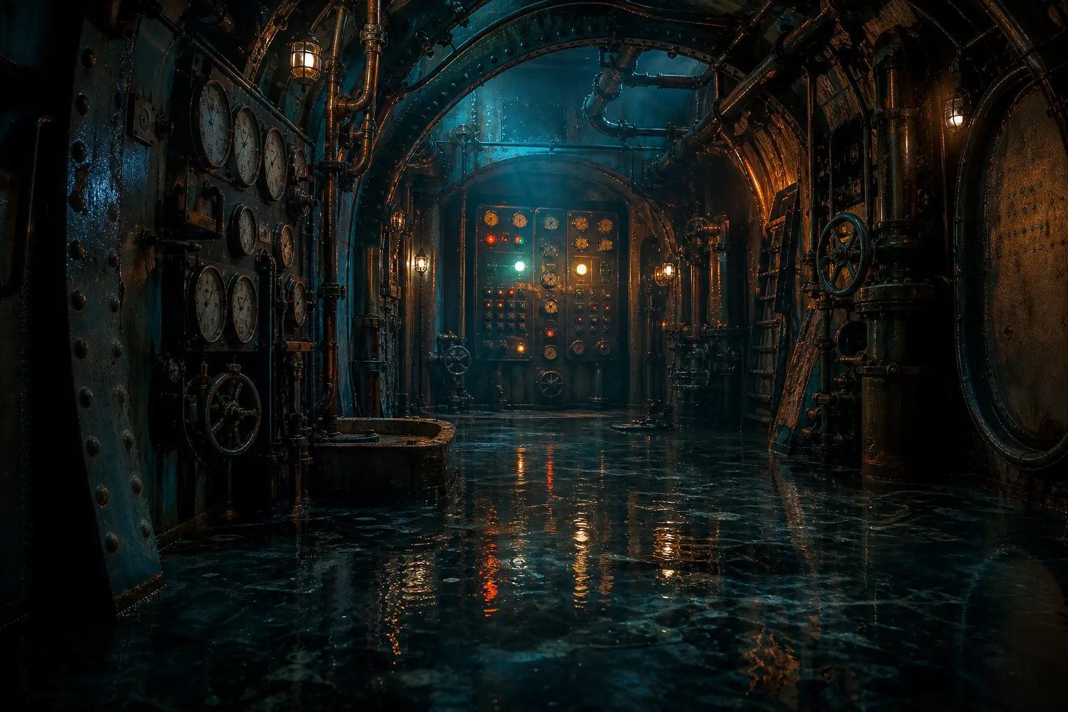 Illustration d’ambiance : une salle engloutie, ses cadrans et ses portes rivetées