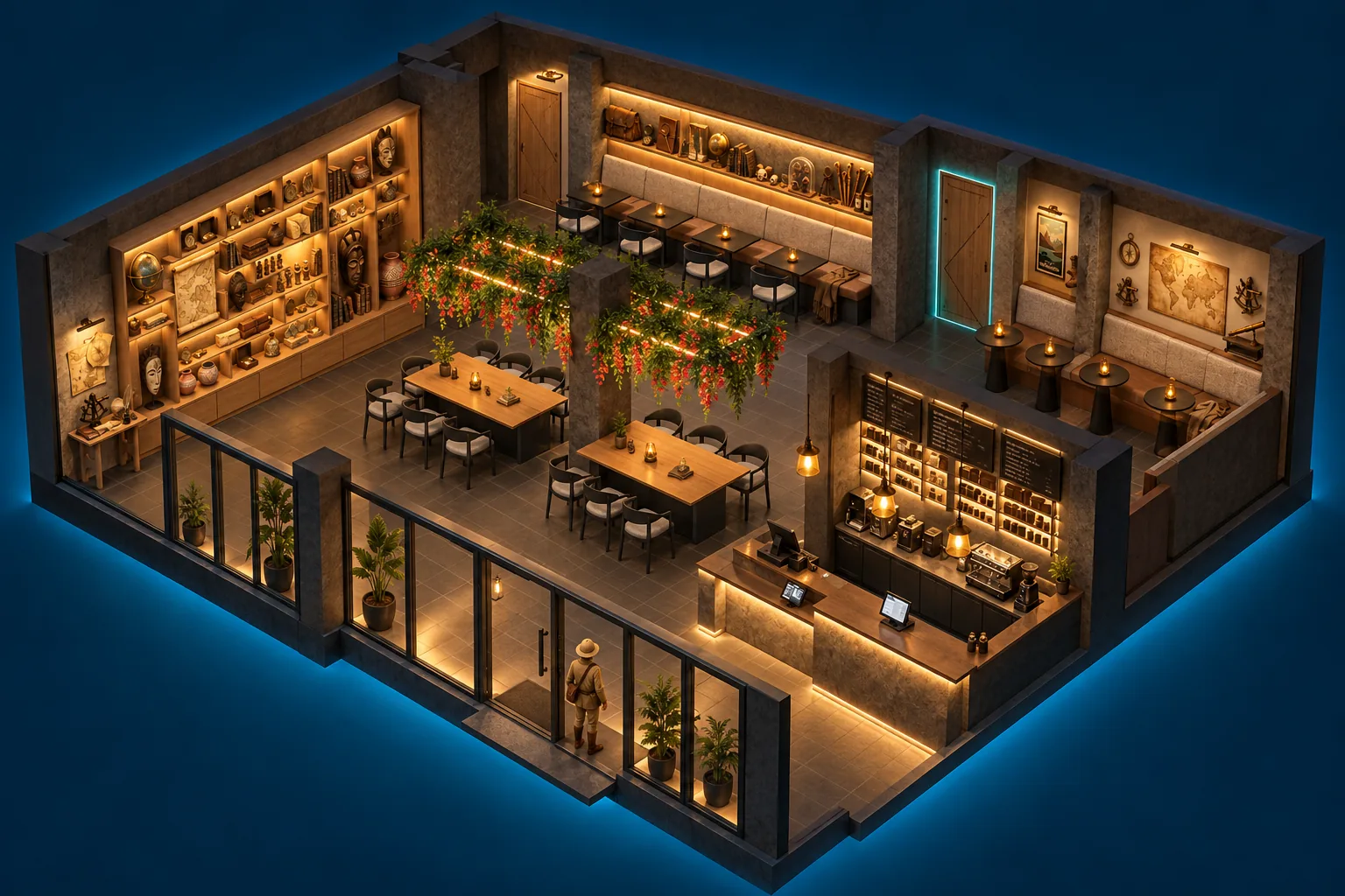 Maquette du coffee shop vue d’en haut : comptoir, bibliothèque en chêne, grandes tables sous le plafond végétal, banquettes, coin des cartes, et au fond la porte des salles